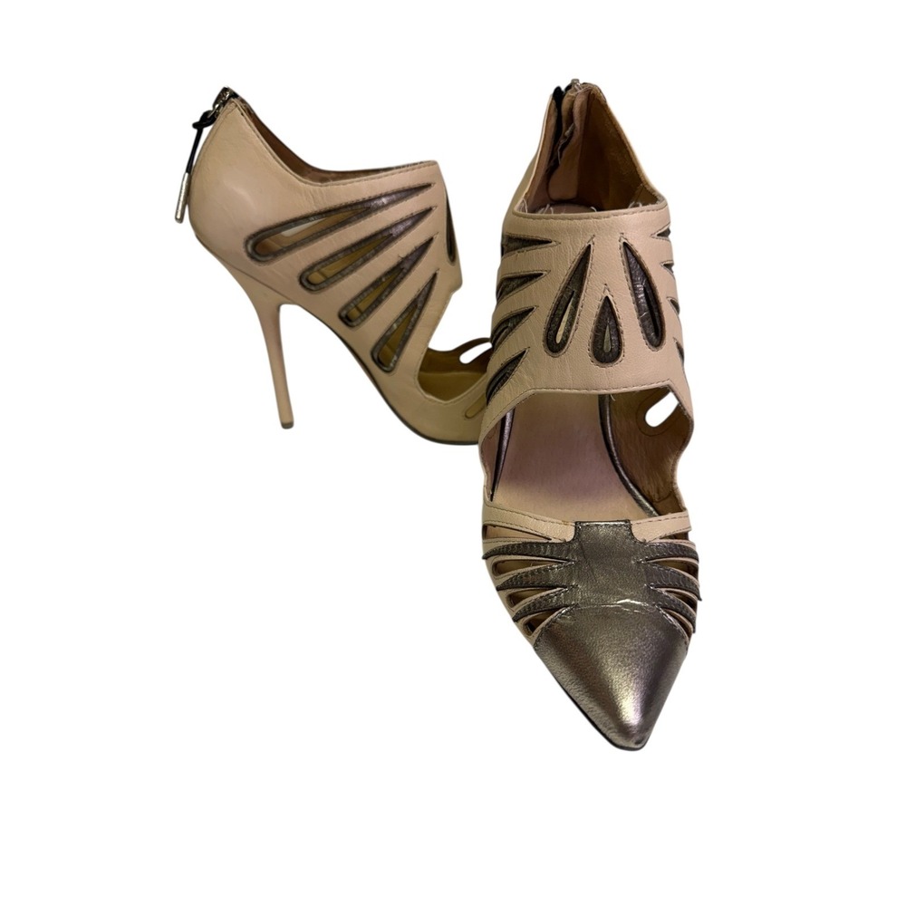 L.A.M.B. Cutout Stiletto Pumps Women 8M Beige Metallic Leather Pointed Toe Heels